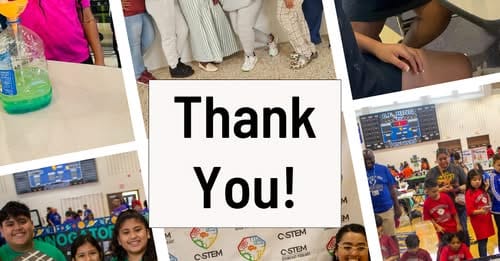 C STEM event with kids, volunteers, and a "Thank You!" sign.